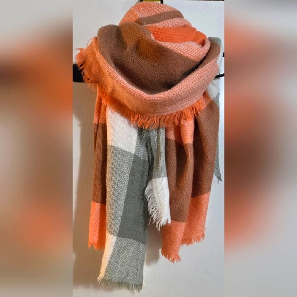 Blanket Scarf in Peach, Gray, and White